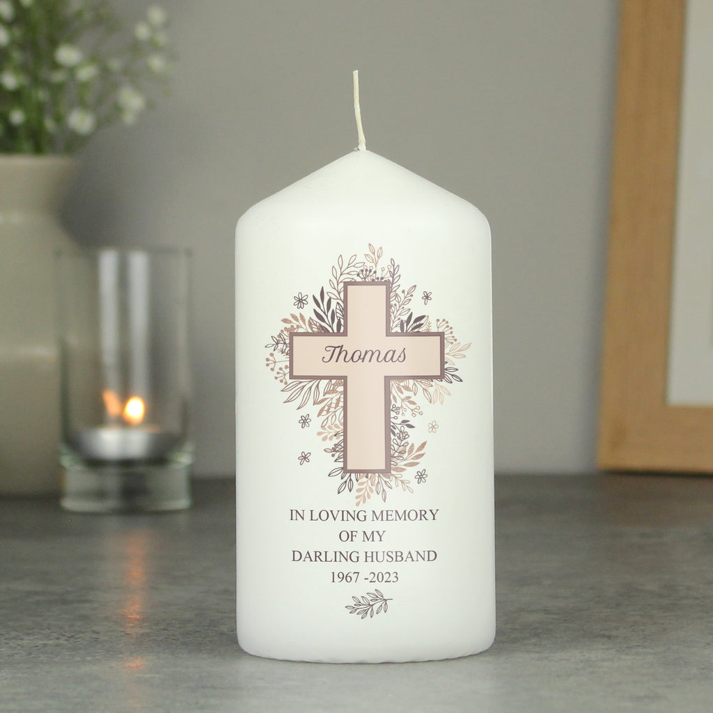 Personalised Floral Cross Pillar Candle - Buy Candles & Reed Diffusers at GiftMasters.co.uk