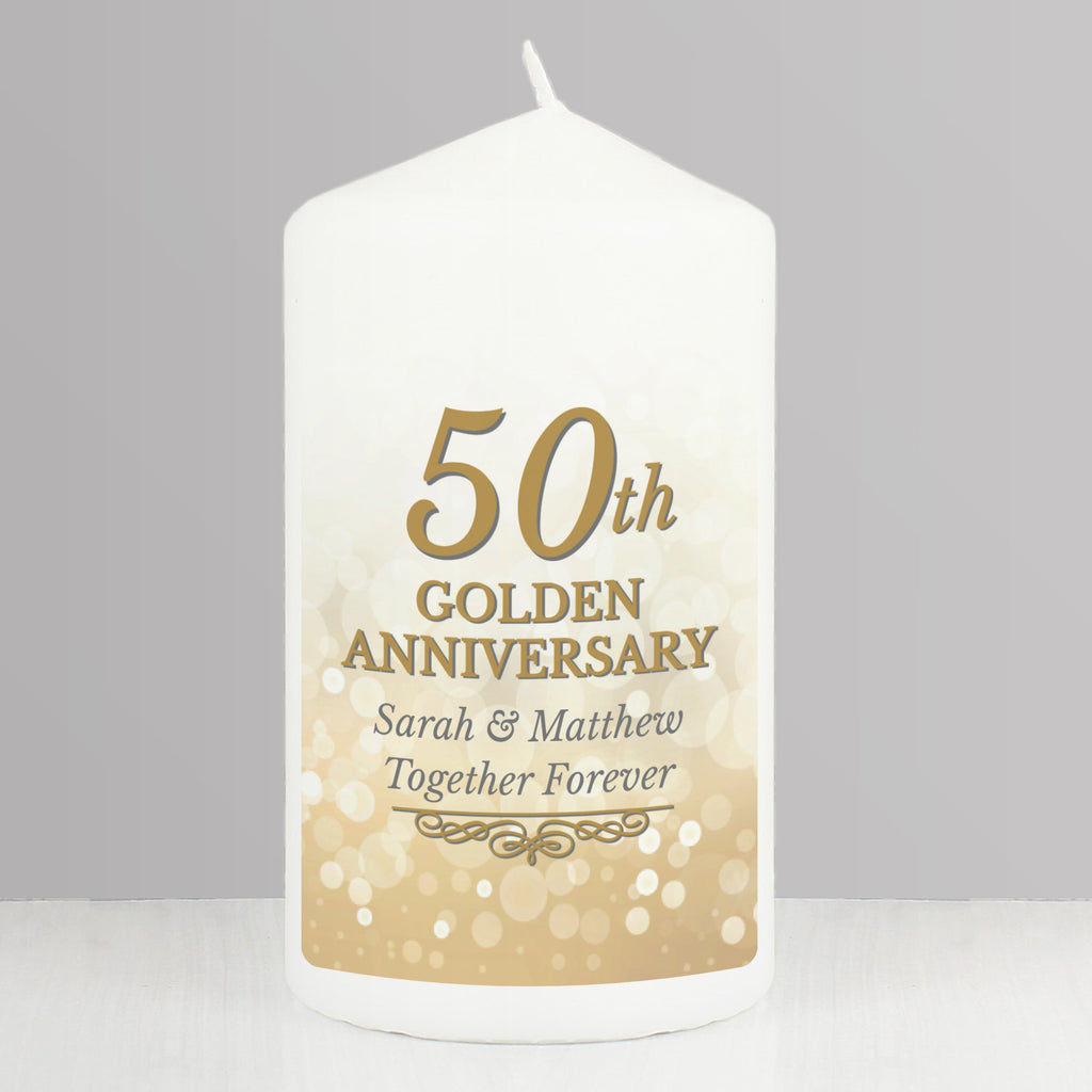 Personalised 50th Golden Anniversary Pillar Candle - Buy Candles & Reed Diffusers at GiftMasters.co.uk