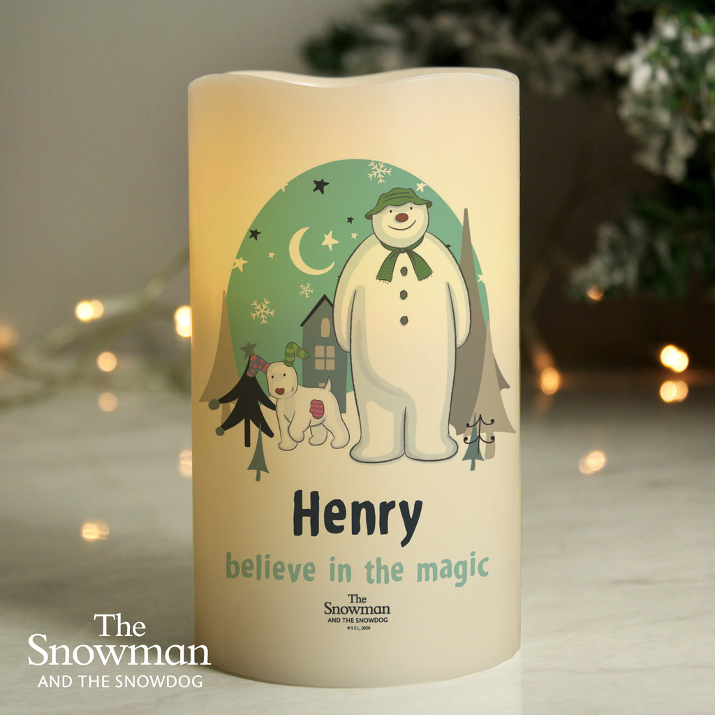Personalised The Snowman and the Snowdog LED Candle - Buy Christmas Decorations at GiftMasters.co.uk