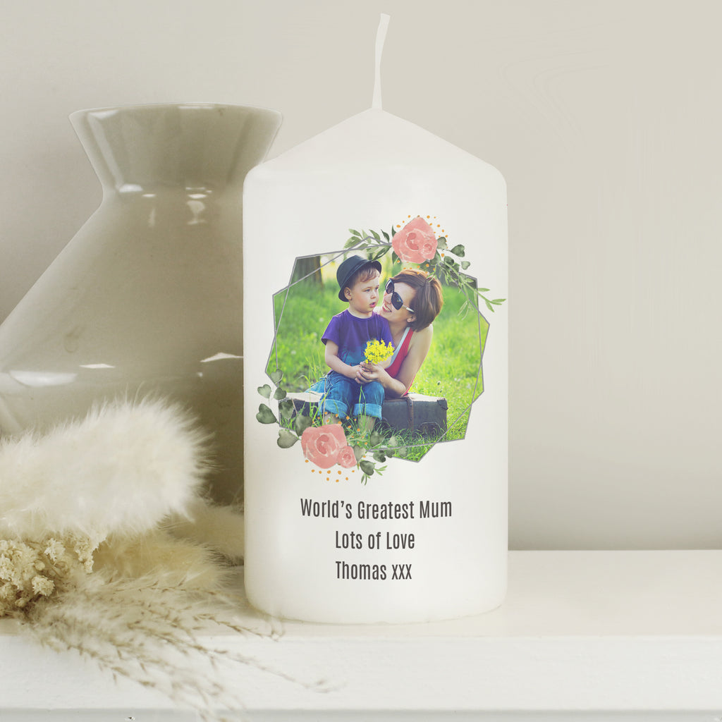 Personalised Floral Abstract Photo Upload Pillar Candle - Buy Candles & Reed Diffusers at GiftMasters.co.uk