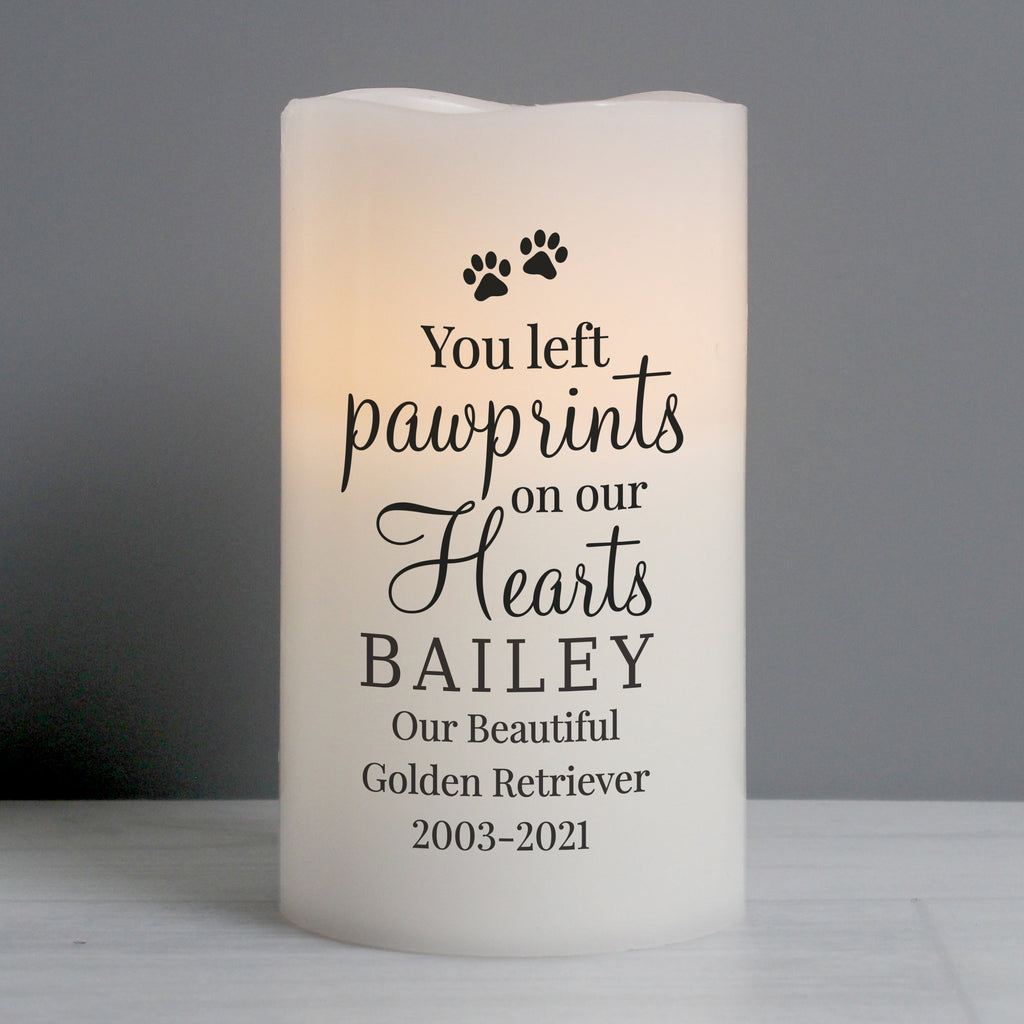 Personalised Pawprints On Our Hearts LED Candle - Buy LED Lights, Candles & Decorations at GiftMasters.co.uk