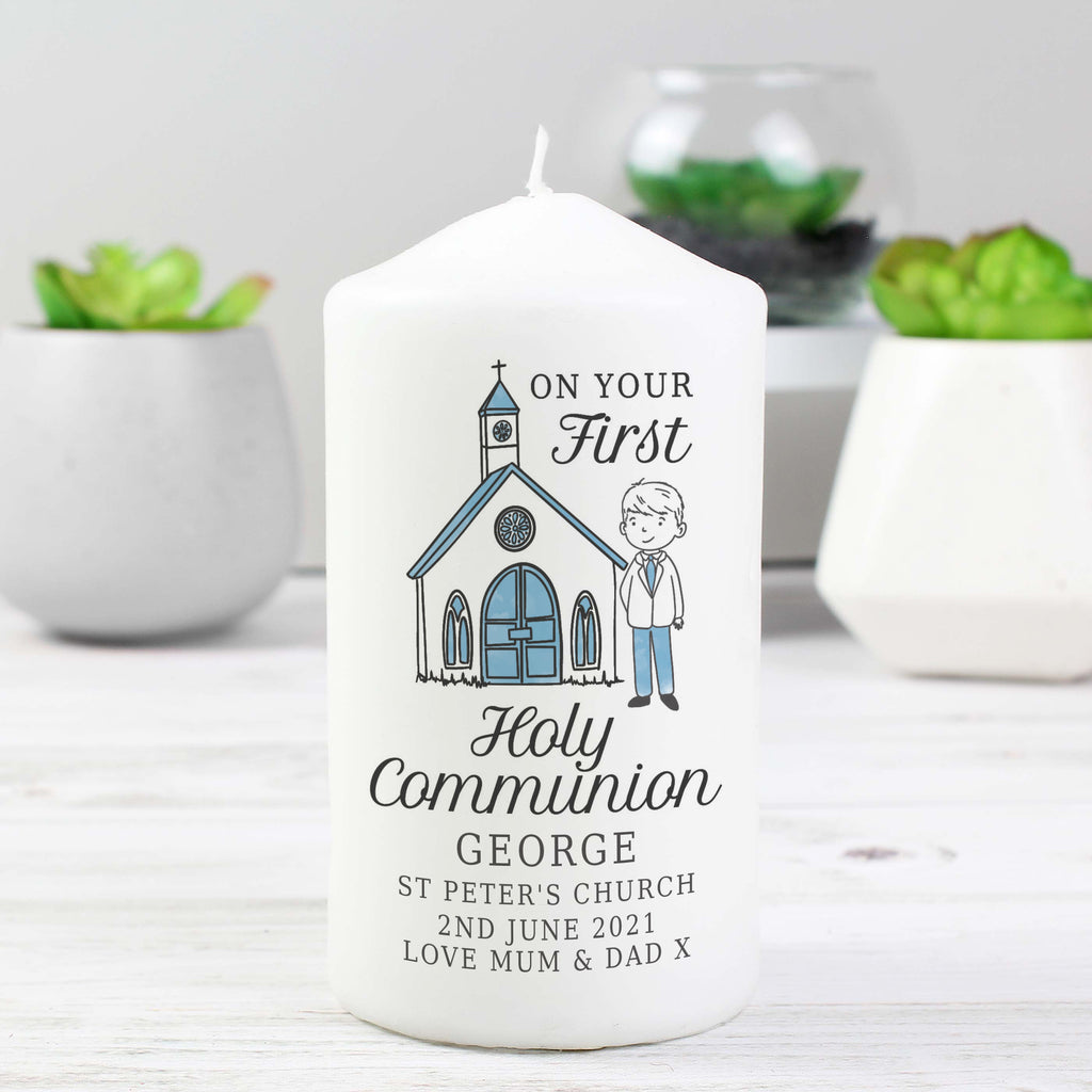 Personalised Boys First Holy Communion Pillar Candle - Buy Candles & Reed Diffusers at GiftMasters.co.uk