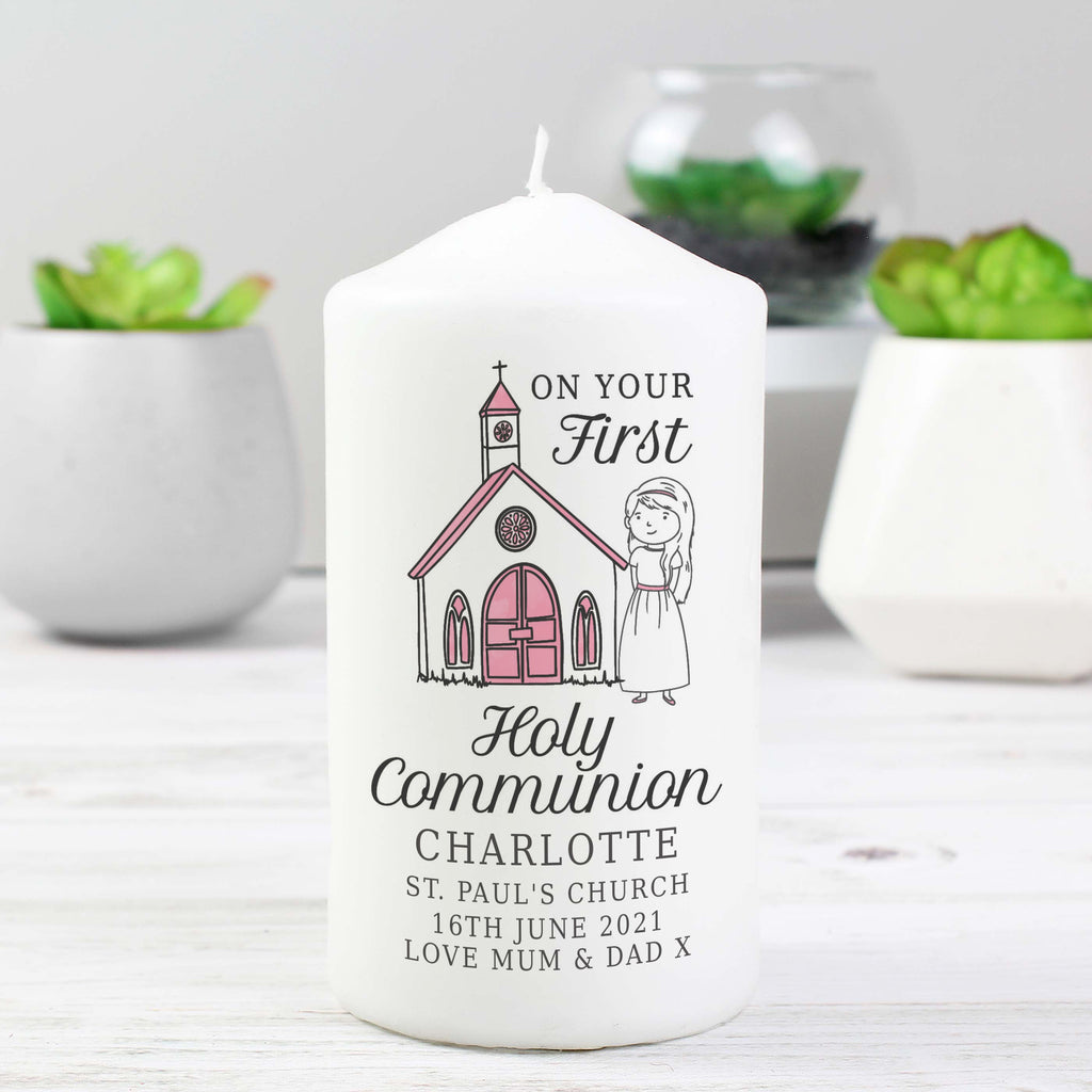 Personalised Girls First Holy Communion Pillar Candle - Buy Candles & Reed Diffusers at GiftMasters.co.uk