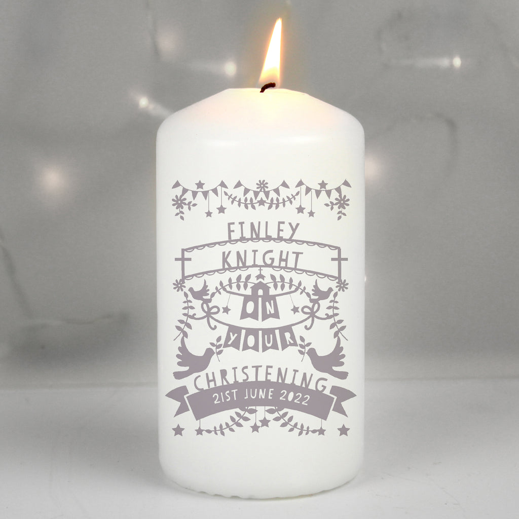 Personalised Grey Papercut Style Pillar Candle - Buy Candles & Reed Diffusers at GiftMasters.co.uk