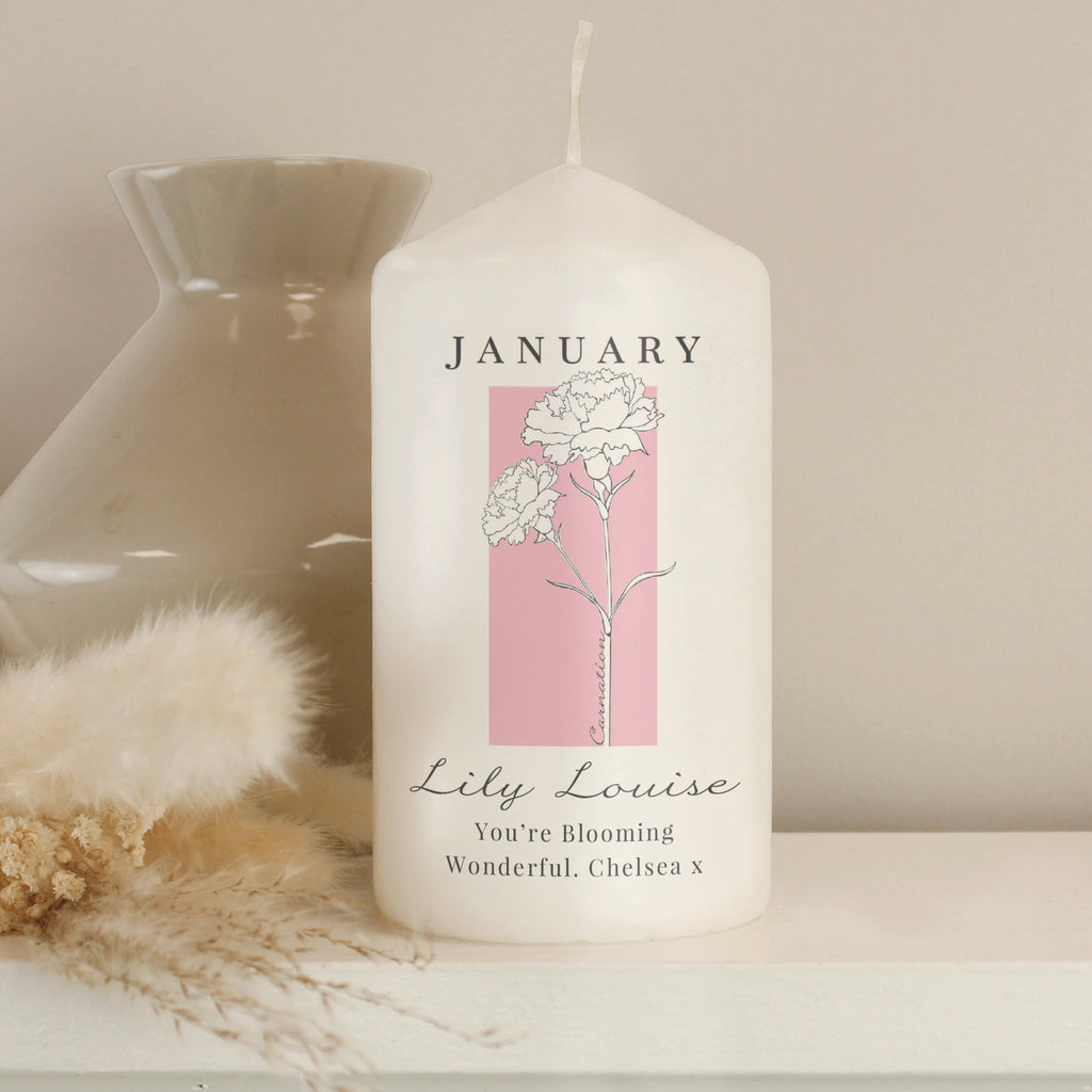 Personalised Birth Flower Pillar Candle - Buy Candles & Reed Diffusers at GiftMasters.co.uk