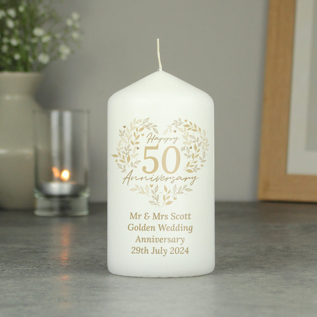 Personalised 50th Golden Wedding Anniversary Pillar Candle - Buy Candles & Reed Diffusers at GiftMasters.co.uk