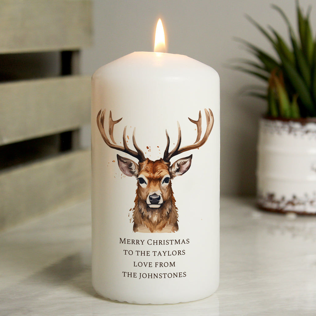 Personalised Watercolour Stag Pillar Candle - Buy Candles & Reed Diffusers at GiftMasters.co.uk