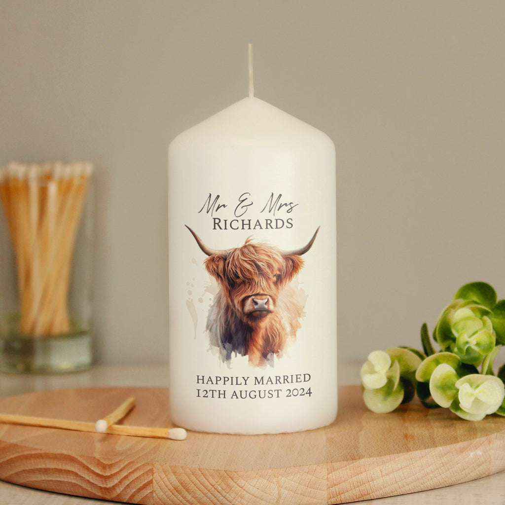 Personalised Highland Cow Pillar Candle - Buy Candles & Reed Diffusers at GiftMasters.co.uk