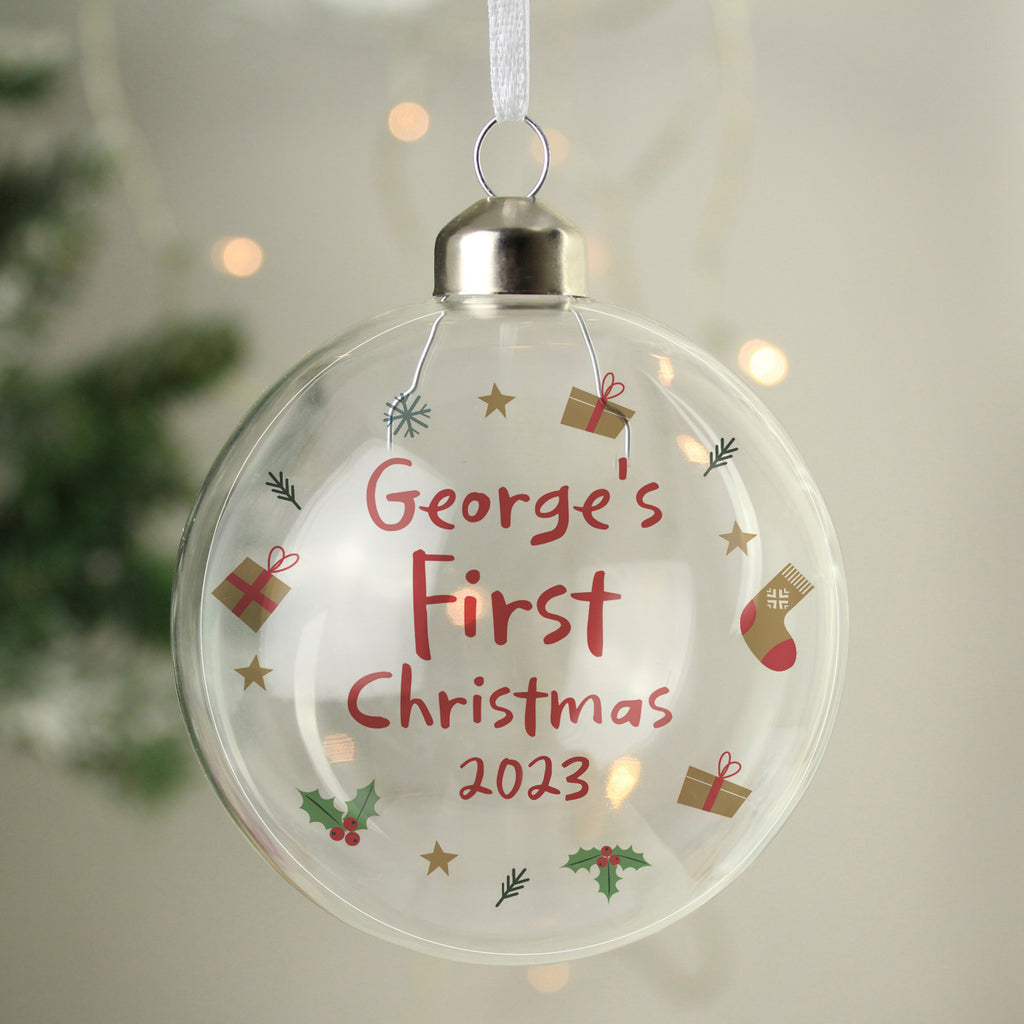 Personalised First Christmas Glass Bauble - Buy Christmas Decorations at GiftMasters.co.uk