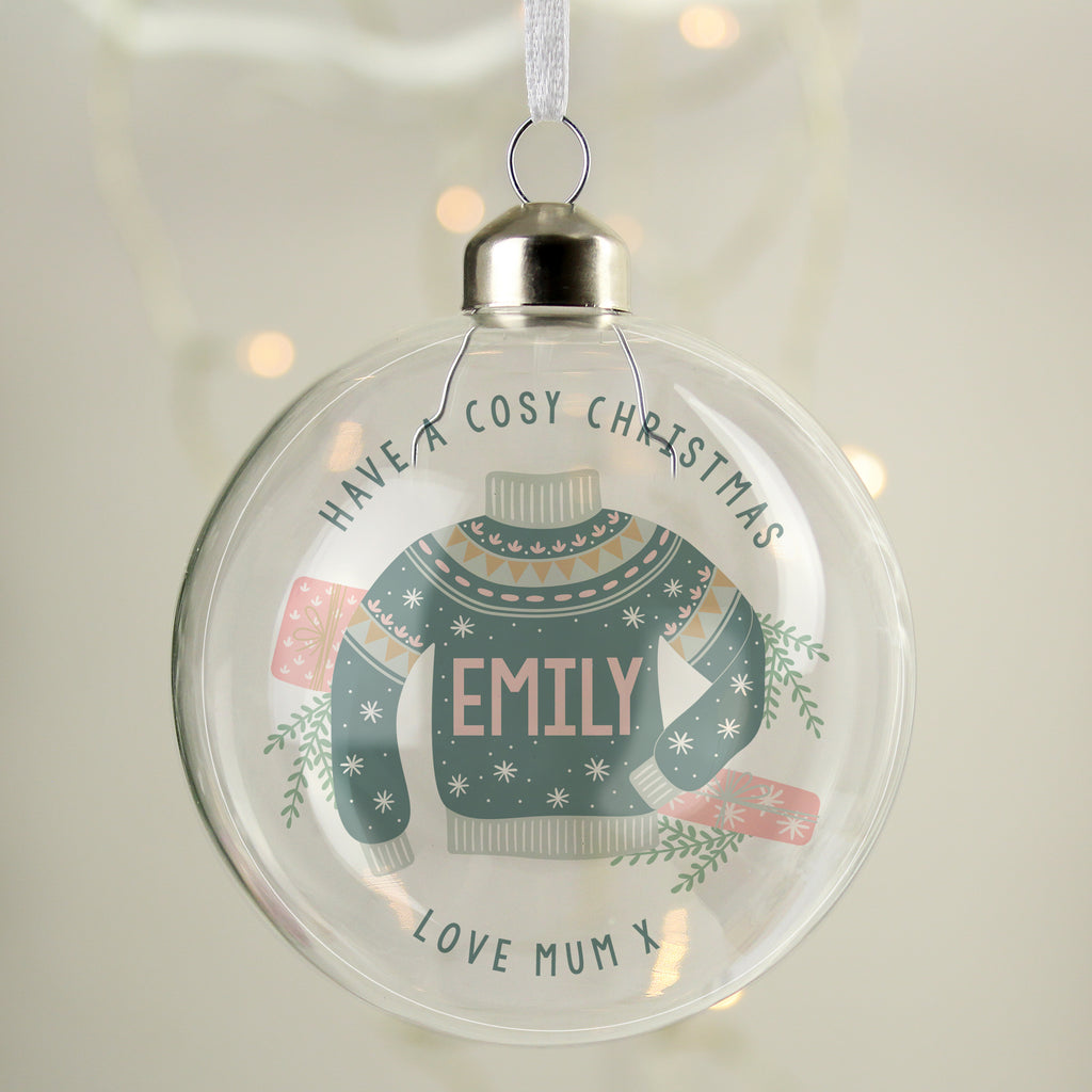 Personalised Cosy Christmas Glass Bauble - Buy Christmas Decorations at GiftMasters.co.uk
