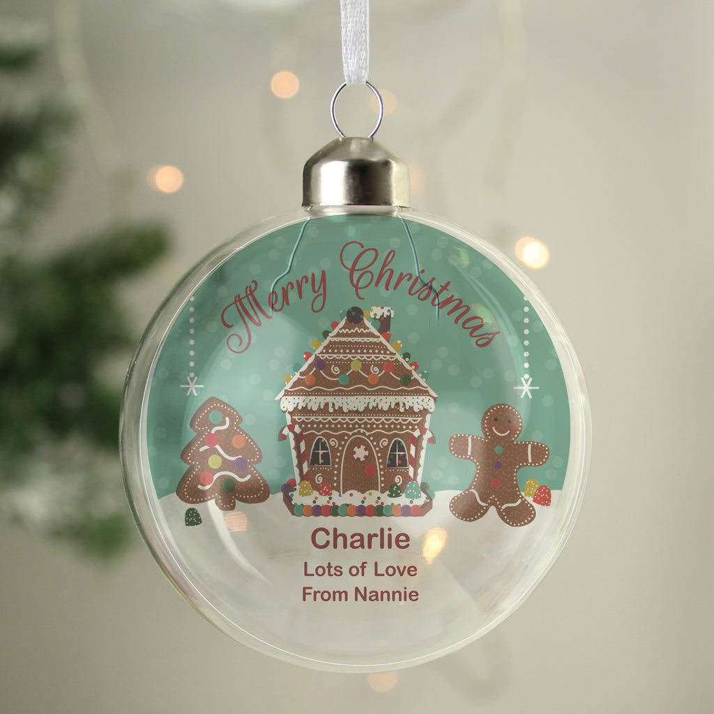 Personalised Gingerbread House Christmas Glass Bauble - Buy Christmas Decorations at GiftMasters.co.uk