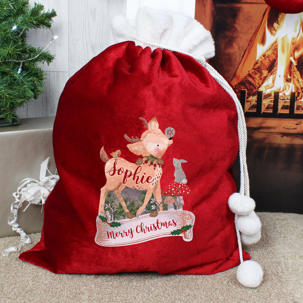 Personalised Festive Fawn Luxury Pom Pom Red Sack - Buy Christmas Decorations at GiftMasters.co.uk