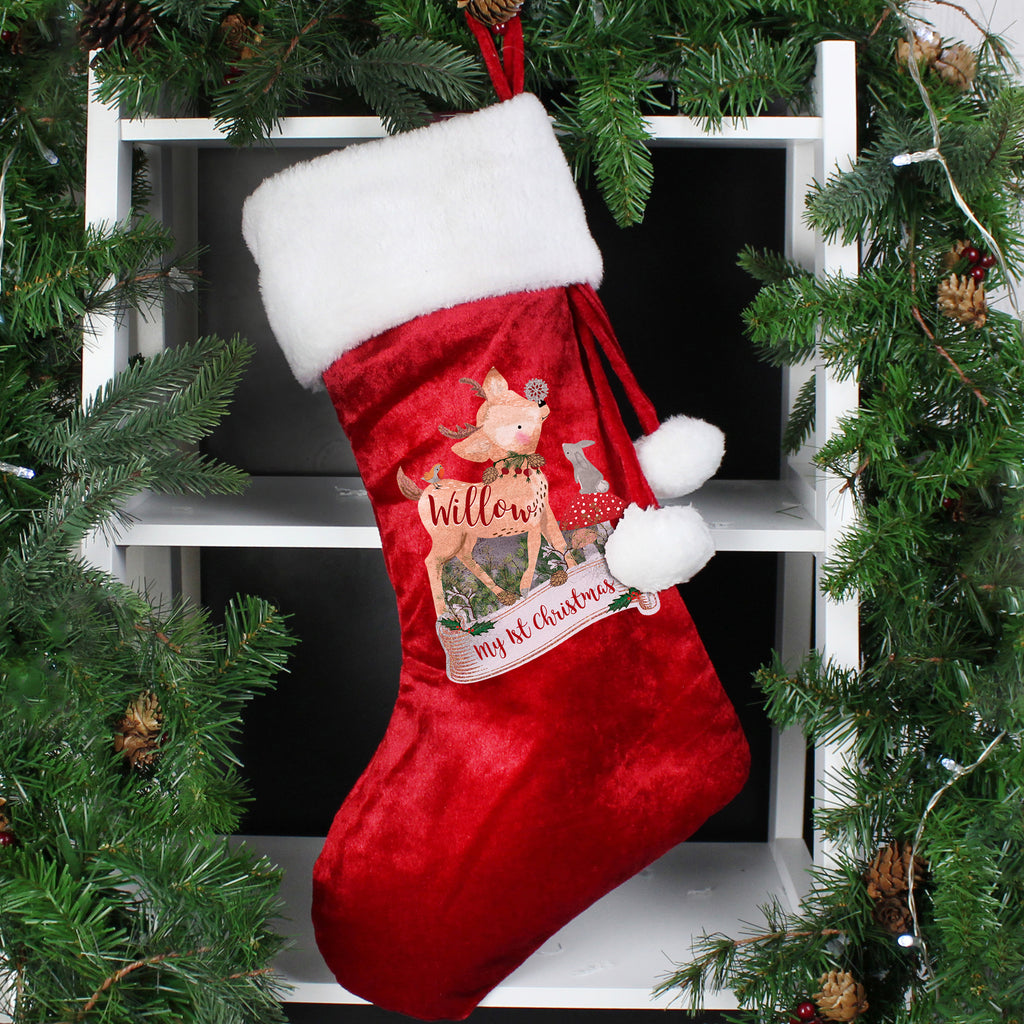 Personalised Festive Fawn Luxury Red Stocking - Buy Christmas Decorations at GiftMasters.co.uk