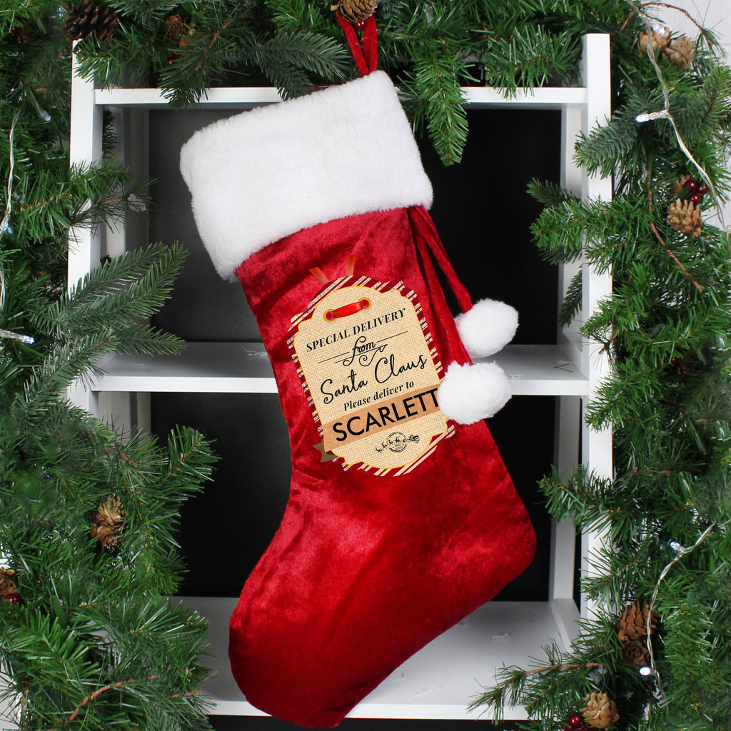 Personalised Special Delivery Luxury Red Stocking - Buy Christmas Decorations at GiftMasters.co.uk