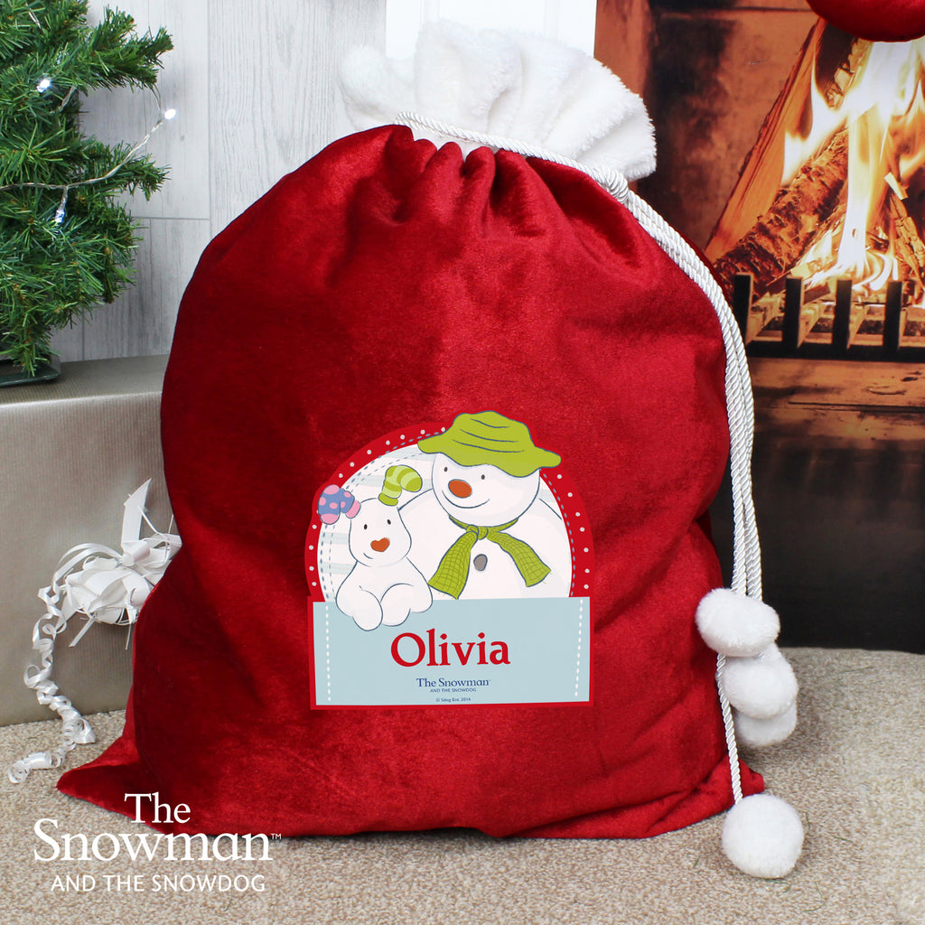 Personalised The Snowman and the Snowdog Luxury Pom Pom Sack - Buy Licensed Products at GiftMasters.co.uk