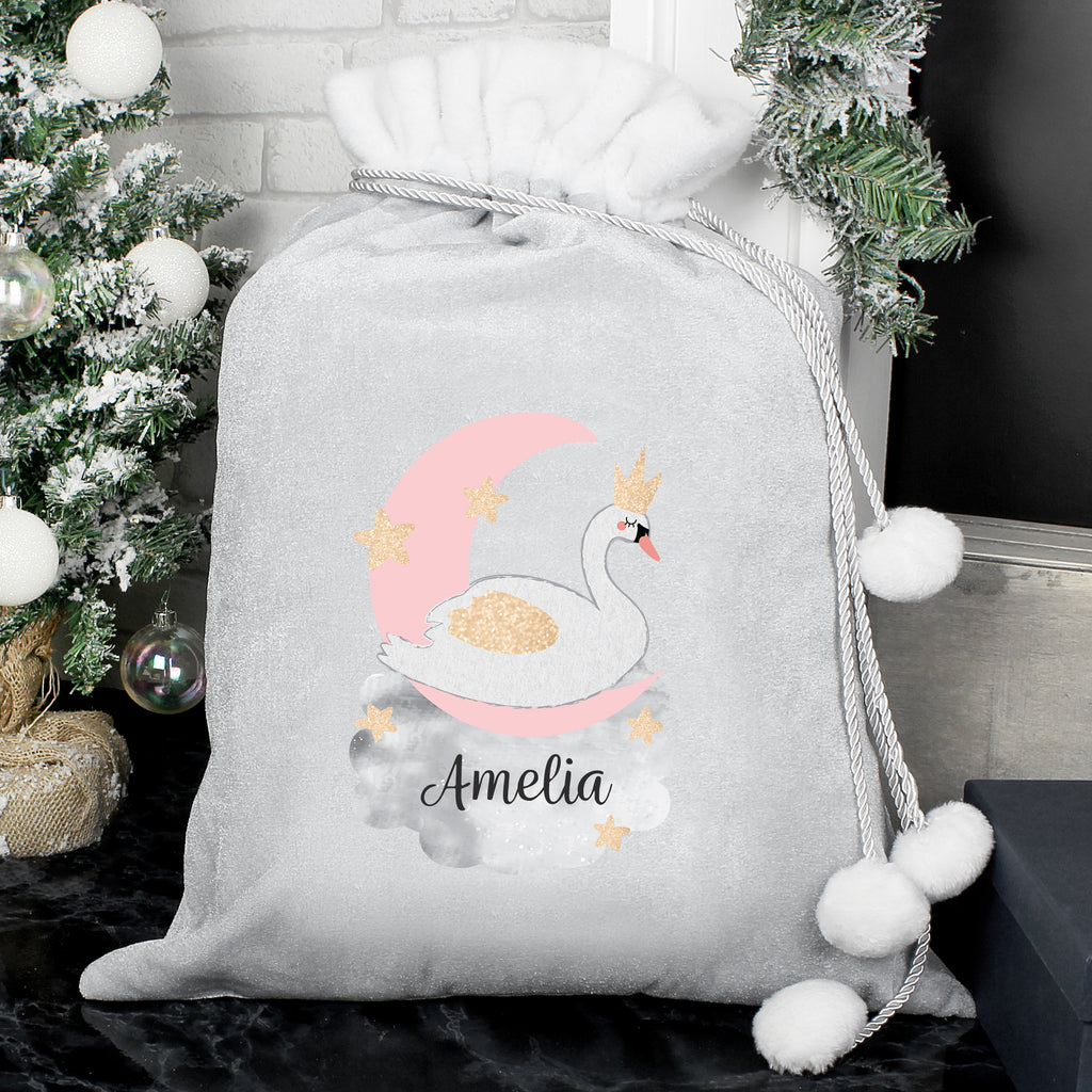 Personalised Swan Lake Luxury Silver Grey Pom Pom Sack - Buy Christmas Decorations at GiftMasters.co.uk