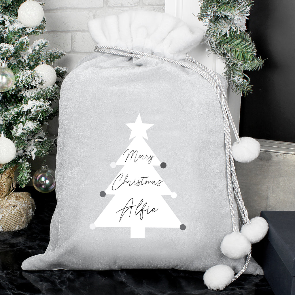 Personalised Christmas Tree Luxury Silver Grey Pom Pom Sack - Buy Christmas Decorations at GiftMasters.co.uk