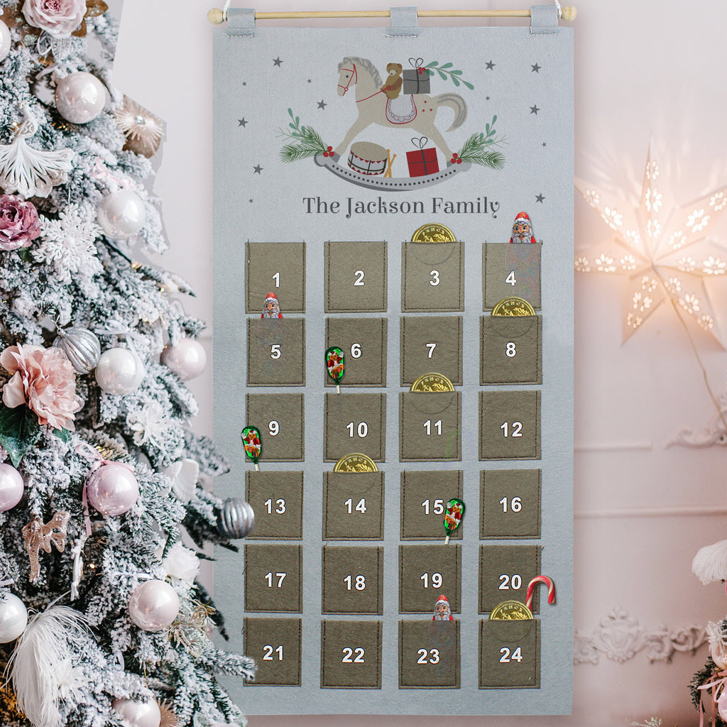 Personalised Rocking Horse Advent Calendar In Silver Grey - Buy Christmas Decorations at GiftMasters.co.uk