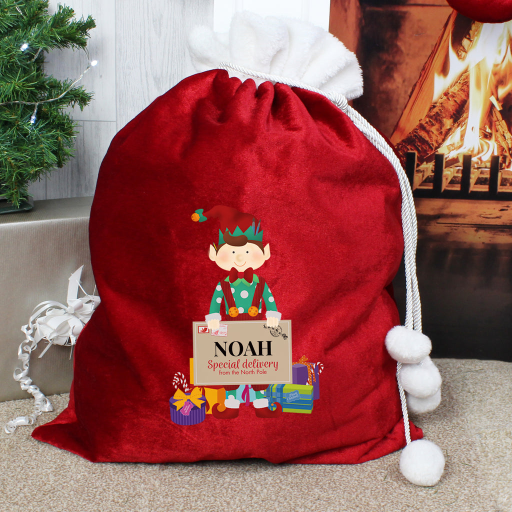 Personalised Christmas Elf Luxury Pom Pom Red Sack - Buy Christmas Decorations at GiftMasters.co.uk