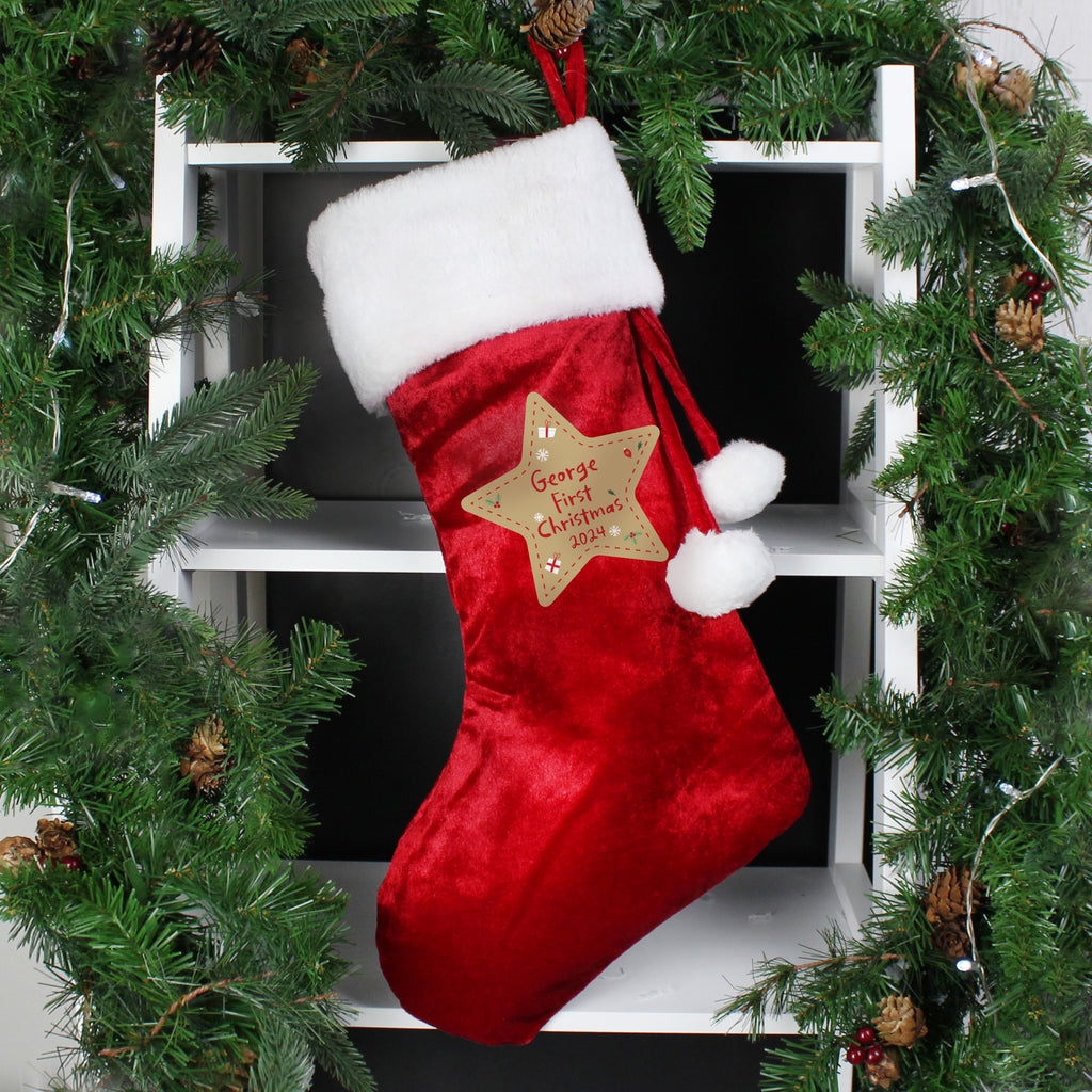 Personalised First Christmas Red Stocking - Buy Christmas Decorations at GiftMasters.co.uk