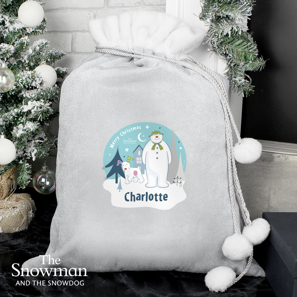 Personalised The Snowman and the Snowdog Luxury Silver Grey Pom Pom Sack - Buy Christmas Decorations at GiftMasters.co.uk