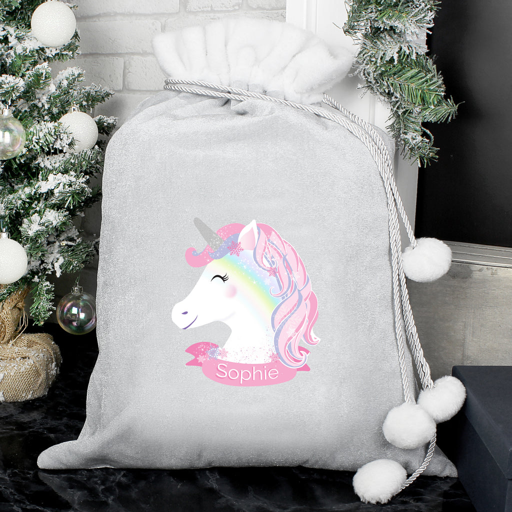 Personalised Christmas Unicorn Luxury Silver Grey Pom Pom Sack - Buy Christmas Decorations at GiftMasters.co.uk