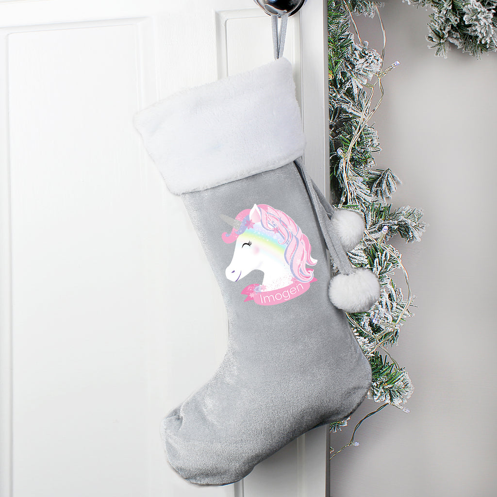 Personalised Christmas Unicorn Luxury Silver Grey Stocking - Buy Christmas Decorations at GiftMasters.co.uk