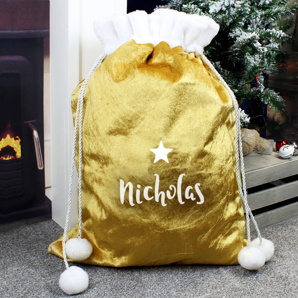 Personalised Name Only Gold Luxury Pom Pom Sack - Buy Christmas Decorations at GiftMasters.co.uk