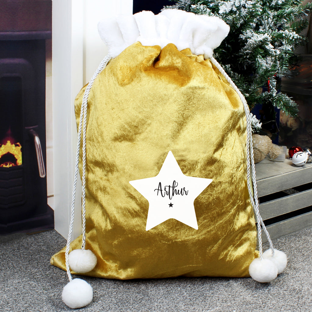 Personalised Star Luxury Pom Pom Gold Sack - Buy Christmas Decorations at GiftMasters.co.uk