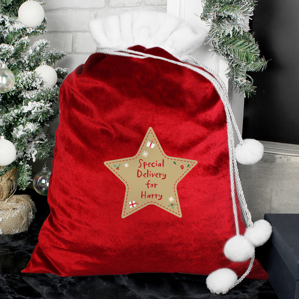 Personalised Free Text Star Luxury Pom Pom Red Sack - Buy Christmas Decorations at GiftMasters.co.uk