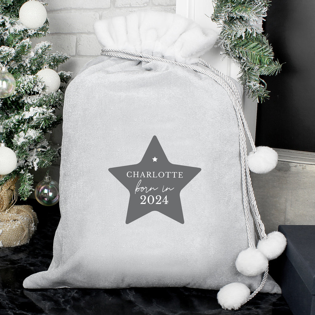Personalised Born In Luxury Silver Grey Pom Pom Sack - Buy Christmas Decorations at GiftMasters.co.uk