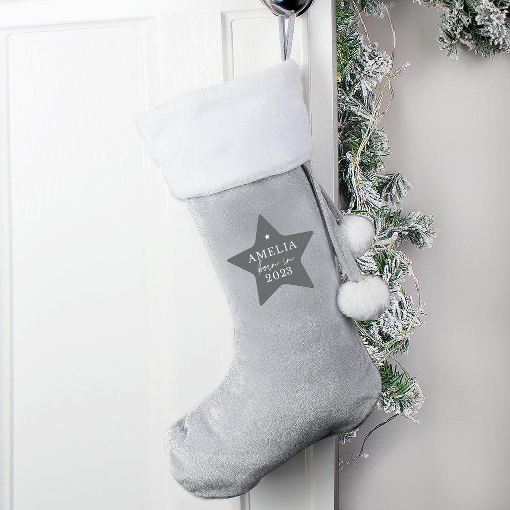 Personalised Born In Luxury Silver Grey Stocking - Buy Christmas Decorations at GiftMasters.co.uk