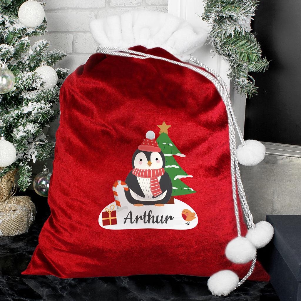 Personalised Christmas Penguin Luxury Pom Pom Red Sack - Buy Christmas Decorations at GiftMasters.co.uk