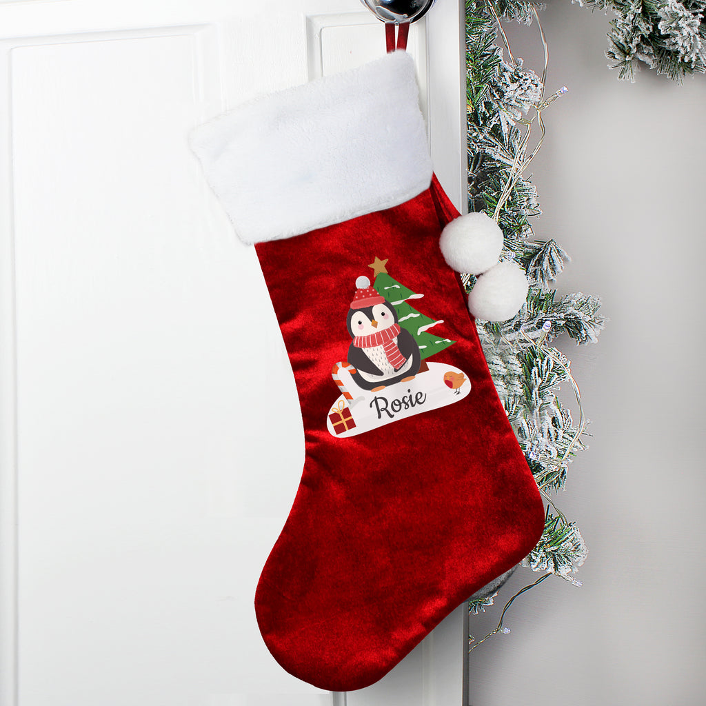 Personalised Christmas Penguin Red Stocking - Buy Christmas Decorations at GiftMasters.co.uk