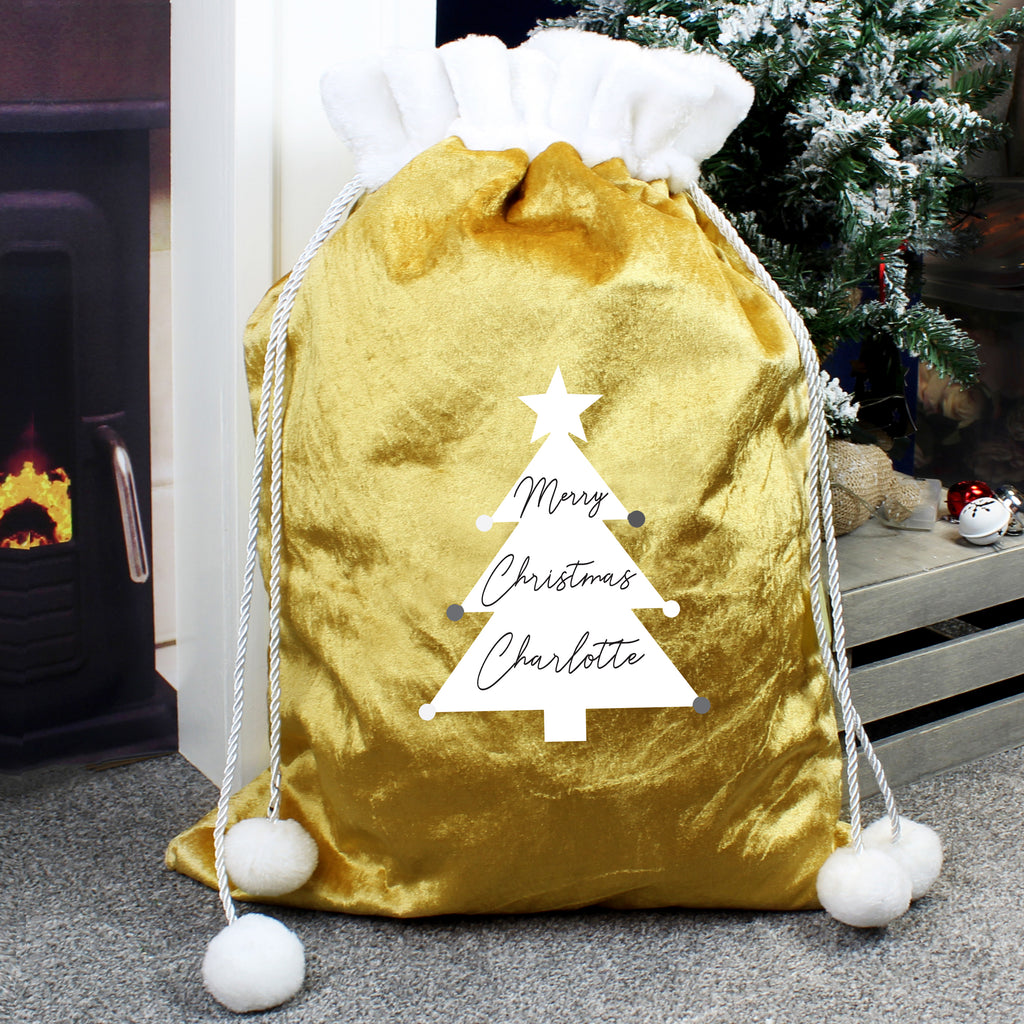 Personalised Christmas Tree Luxury Pom Pom Gold Sack - Buy Christmas Decorations at GiftMasters.co.uk