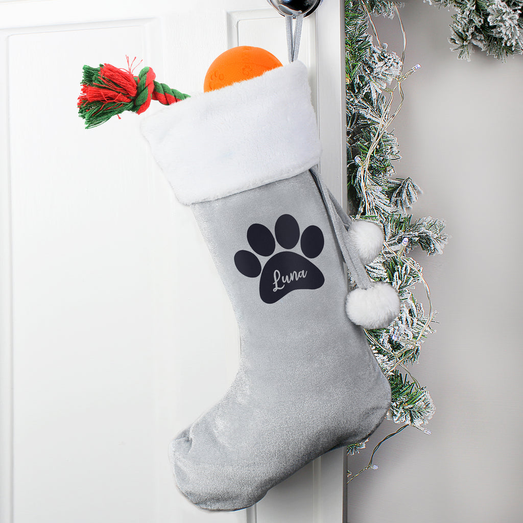 Personalised Paw Print Silver Grey Stocking - Buy Christmas Decorations at GiftMasters.co.uk