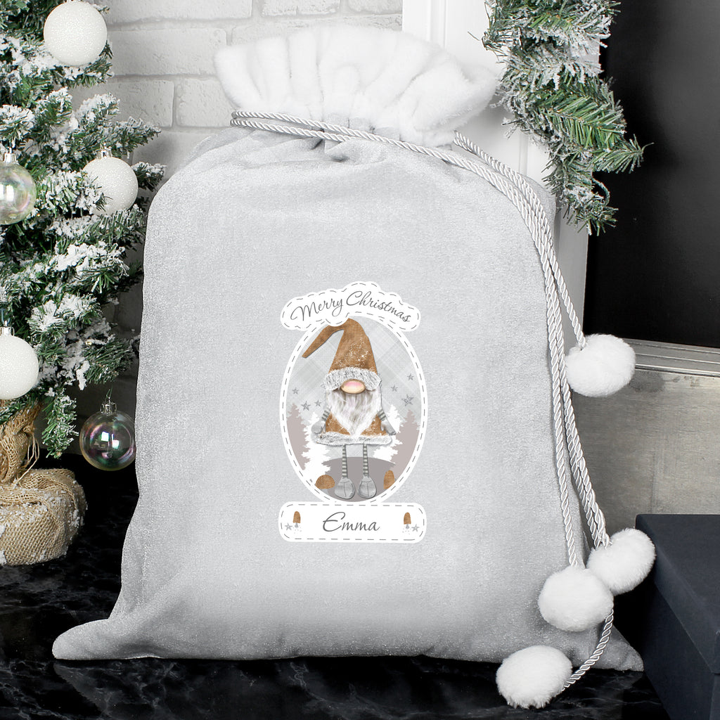 Personalised Christmas Gonk Luxury Silver Grey Pom Pom Sack - Buy Christmas Decorations at GiftMasters.co.uk
