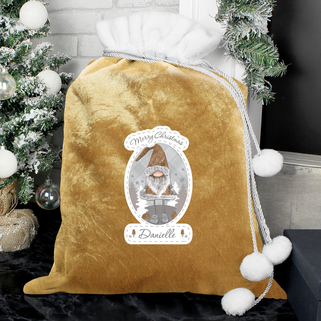 Personalised Gonk Luxury Pom Pom Gold Sack - Buy Christmas Decorations at GiftMasters.co.uk