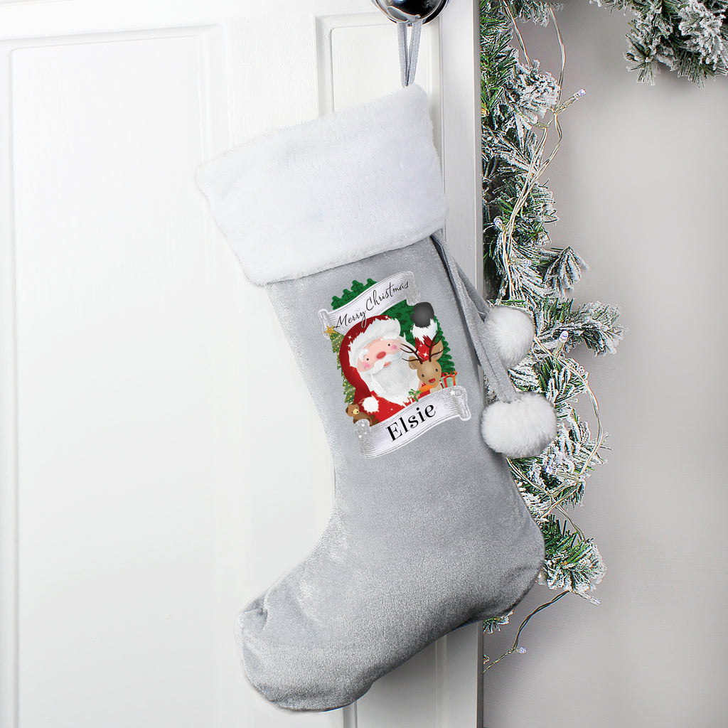 Personalised Christmas Santa Grey Stocking - Buy Christmas Decorations at GiftMasters.co.uk