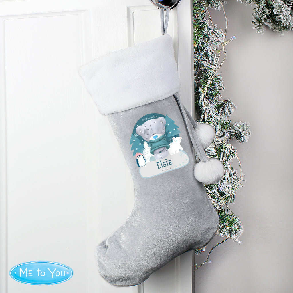 Personalised Christmas Tiny Tatty Teddy Silver Grey Stocking - Buy Christmas Decorations at GiftMasters.co.uk