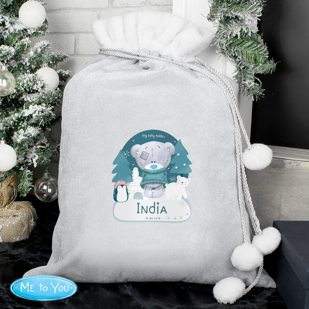 Personalised Winter Explorer Tiny Tatty Teddy Luxury Silver Grey Pom Pom Sack - Buy Christmas Decorations at GiftMasters.co.uk