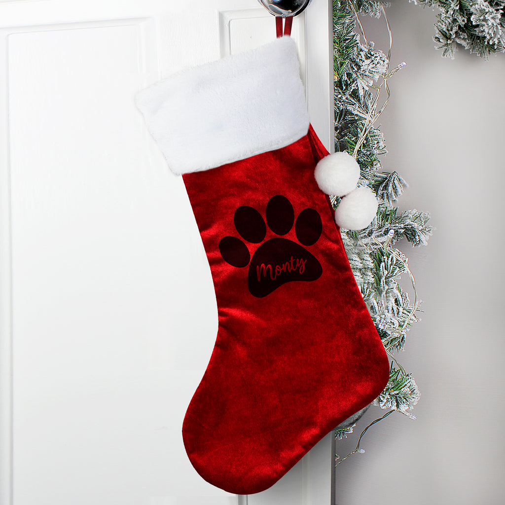Personalised Paw Print Red Stocking - Buy Christmas Decorations at GiftMasters.co.uk