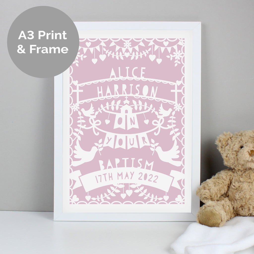 Personalised Pink Papercut Style A3 White Framed Print - GiftMasters.co.uk