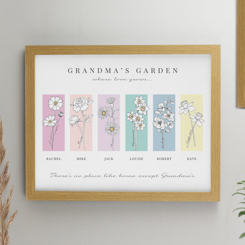 Personalised Birth Flower Family of 6 Oak Framed Print - Buy Poster Frames at GiftMasters.co.uk