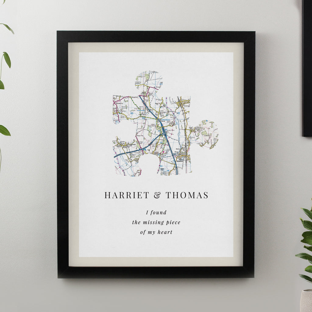 Personalised Present Day Map Puzzle Piece Black Poster Frame - Buy Poster Frames at GiftMasters.co.uk