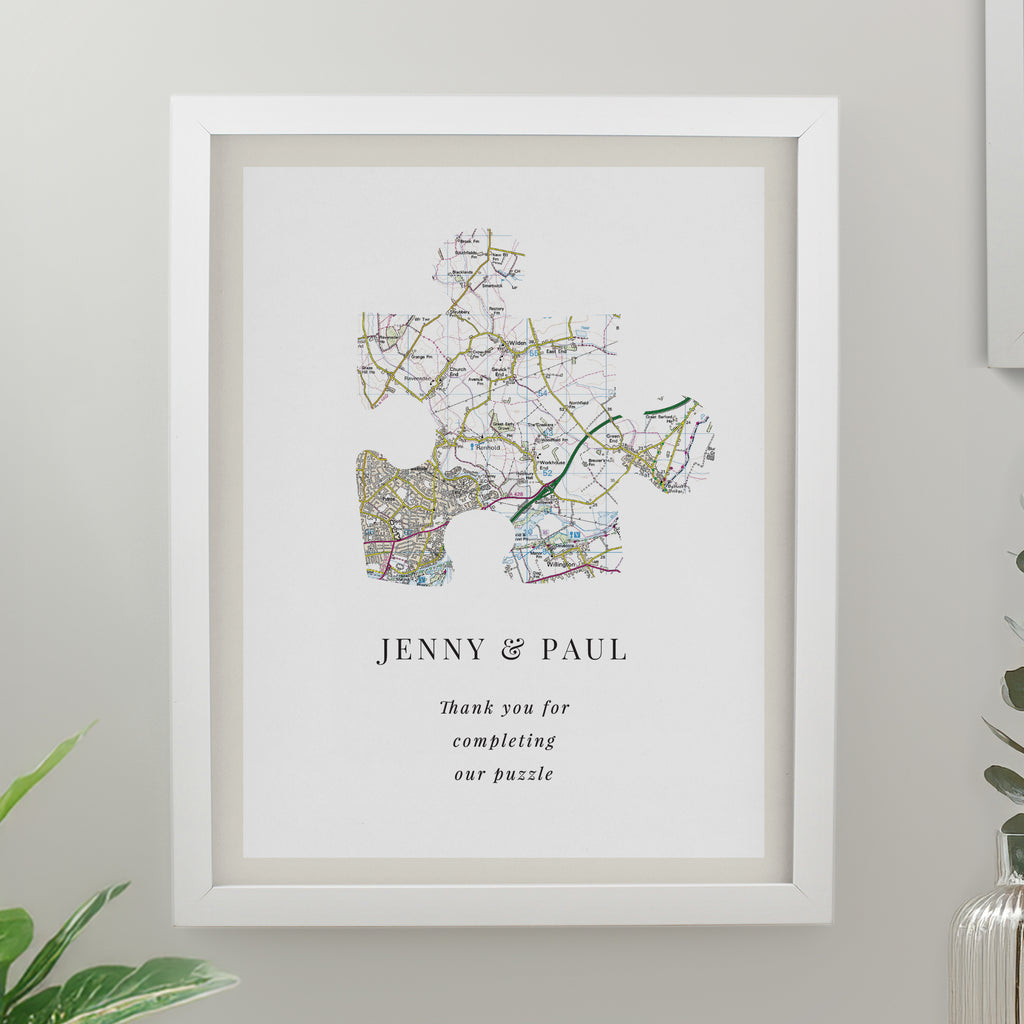 Personalised Present Day Map Puzzle Piece White Poster Frame - Buy Poster Frames at GiftMasters.co.uk