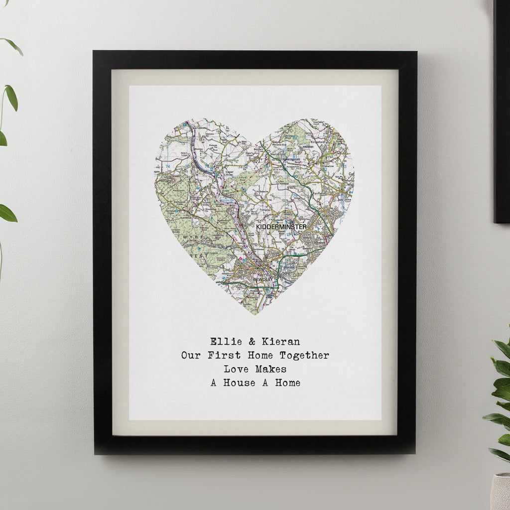 Personalised Present Day Map Heart Black Poster Frame - Buy Poster Frames at GiftMasters.co.uk