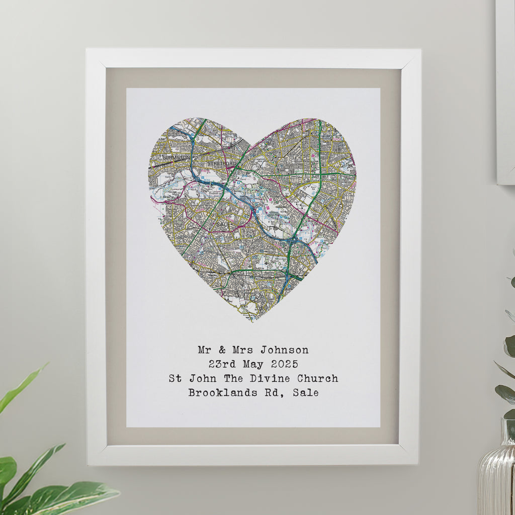 Personalised Present Day Map Heart White Poster Frame - Buy Poster Frames at GiftMasters.co.uk