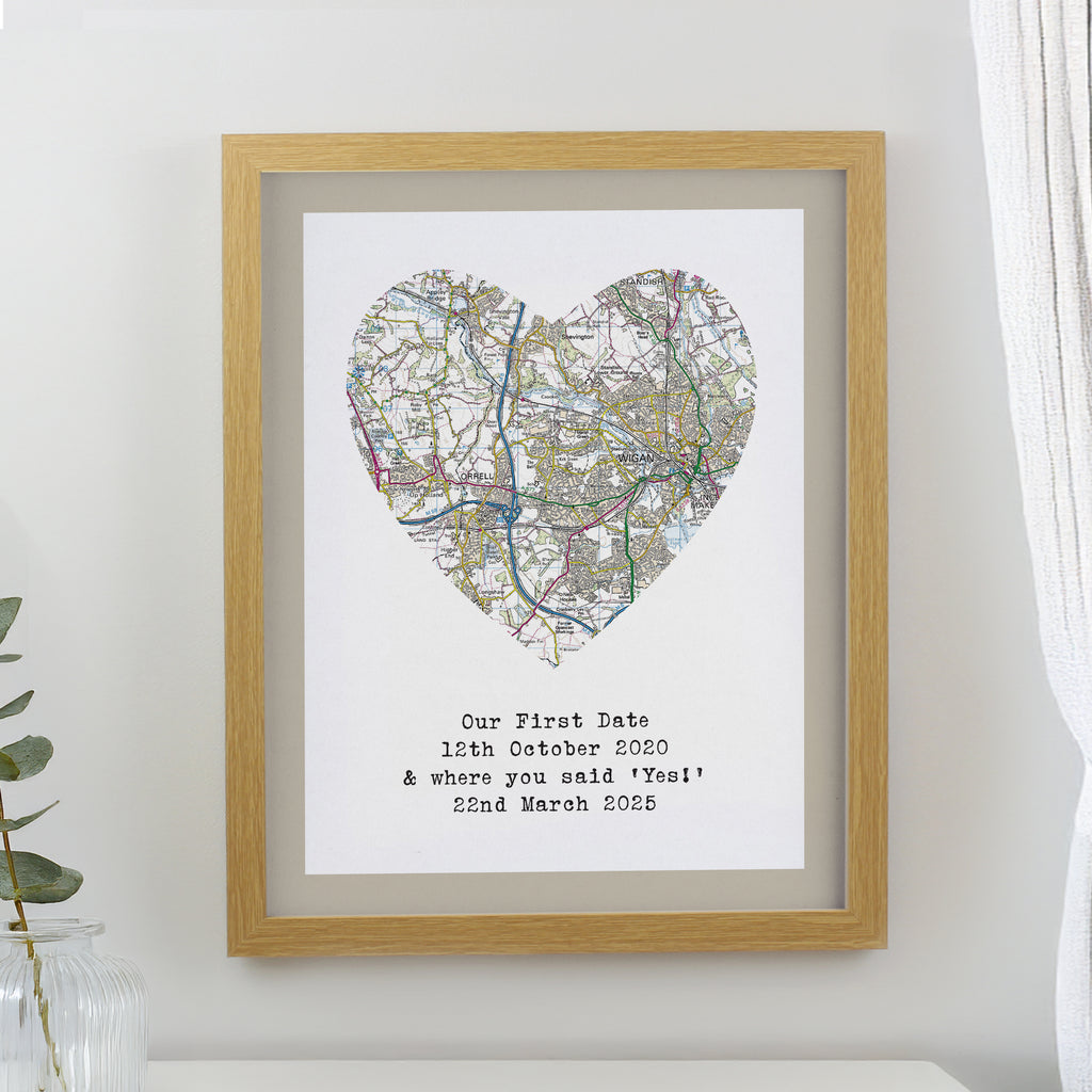 Personalised Present Day Map Heart Oak Poster Frame - Buy Poster Frames at GiftMasters.co.uk