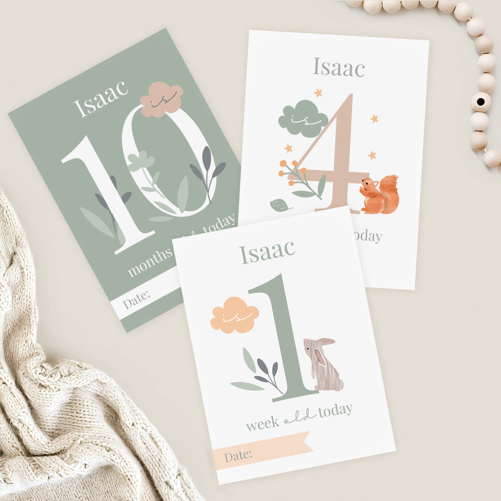 Personalised Woodland Animals Baby Milestone Cards - Buy Greetings Cards at GiftMasters.co.uk